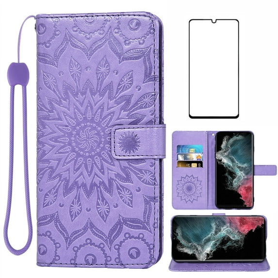 Compatible with Samsung Galaxy S22 Ultra 5G Wallet Phone Case and Tempered Glass Screen Protector Flip Credit Card Holder Stand Mandala Flower Cell Cover for S22ultra 22S S 22 S22ultra5g 6.8 Purple
