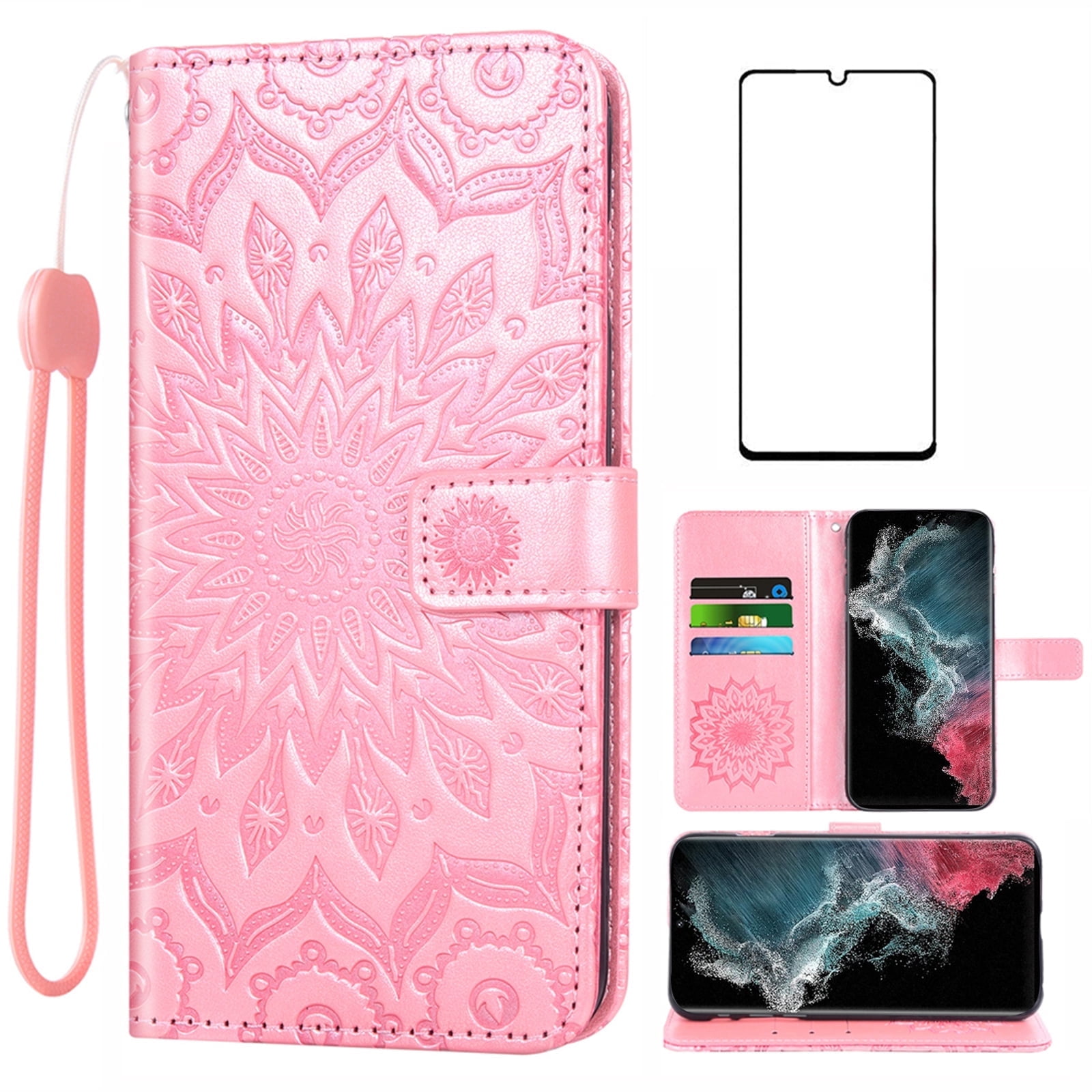 Compatible with Samsung Galaxy S22 Ultra 5G Wallet Phone Case and Tempered Glass Screen Protector Flip Credit Card Holder Stand Mandala Flower Cell Cover for S22ultra 22S S 22 S22ultra5g 6.8 Pink