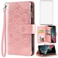 thumbnail image 1 of Compatible with Samsung Galaxy S22 Ultra 5G Wallet Phone Case and Tempered Glass Screen Protector Flower Faux Leather Flip Credit Card Holder Stand Zipper Cell Cover for S22ultra 22ultra5g 6.8 Pink, 1 of 9