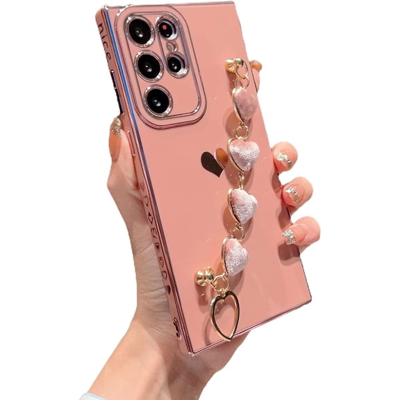 Compatible with Samsung Galaxy S22 Ultra 5g 6.8“ Case with Heart Bracelet Strap Luxury Plating Cute Love Hearts Cover with Hand Chain for Women Camera Protection Shockproof Bumper (Pink)