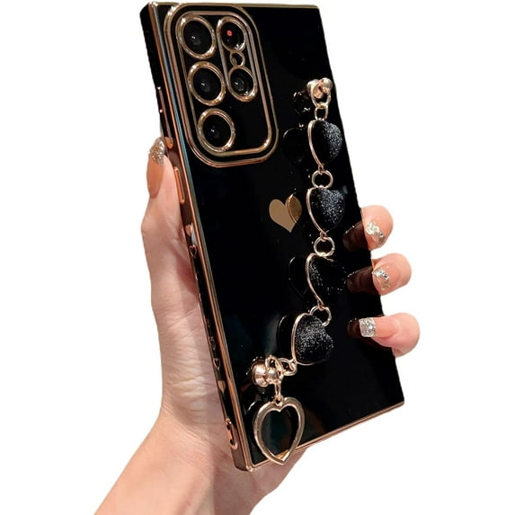 Compatible with Samsung Galaxy S22 Ultra 5g 6.8“ Case with Heart Bracelet Strap Luxury Plating Cute Love Hearts Cover with Hand Chain for Women Camera Protection Shockproof Bumper (Black)