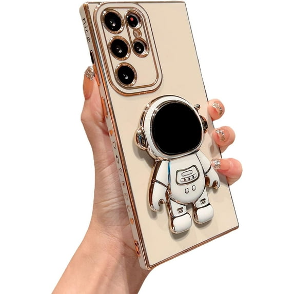 Compatible with Samsung Galaxy S22 Ultra 5g 6D Plating Cute Astronaut Hidden Stand Holder Case with Camera Protection Side Heart Pattern Cover for Women Shockproof Kickstand Bumper (White)