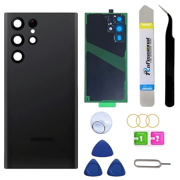 Back Glass Replacement Cover for Samsung Galaxy S22 Ultra  6.8-Inches SM-G908 All Carriers with Installation Manual + Repair Tool Kit (Black)