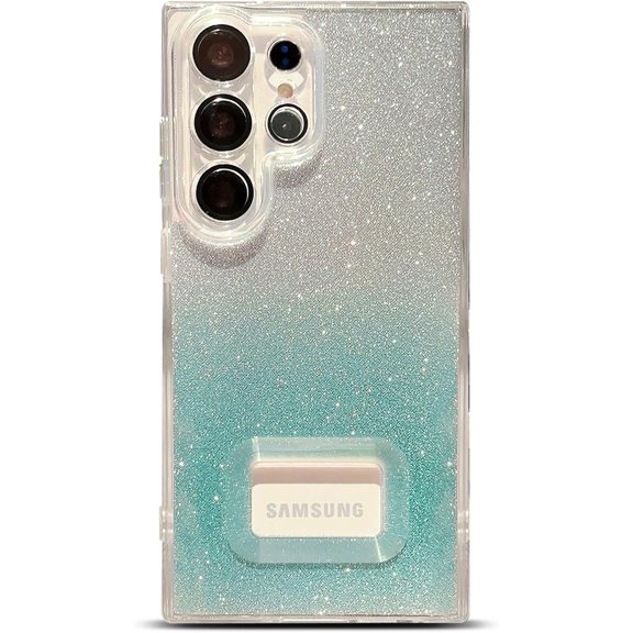 Compatible with Samsung Galaxy S22 Ultra Case 6.8", Bling Glitter Sparkle Clear Transparent Logo View Full Camera Lens Protection Shockproof Soft Silicone Phone Cover for Women (Green)