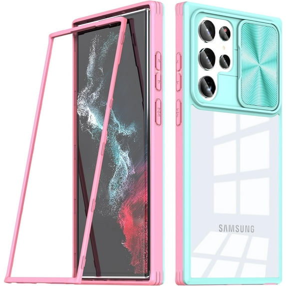 Compatible with Samsung Galaxy S22 Ultra Case with Built-in Screen Protector, Soft TPU Bumper Case for Samsung S22 Ultra Clear Phone Case Shockproof Anti-Scratch Transparent Cases (Blue Pink)