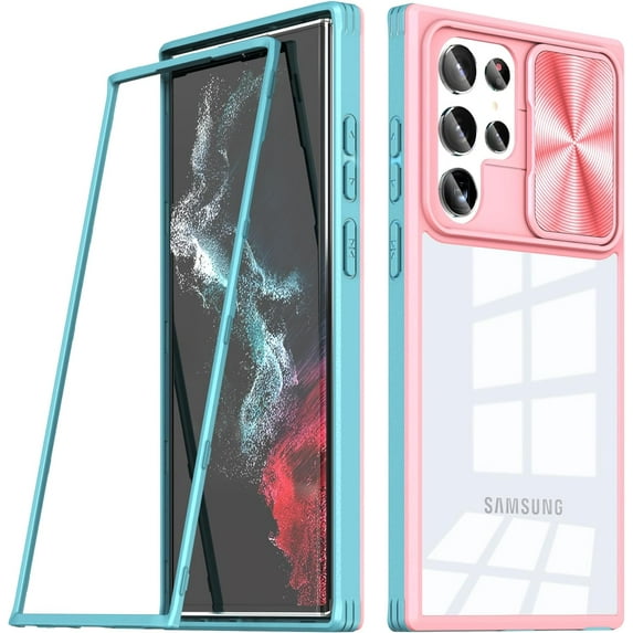 Compatible with Samsung Galaxy S22 Ultra Case with Built-in Screen Protector, Soft TPU Bumper Case for Samsung S22 Ultra Clear Phone Case Shockproof Anti-Scratch Transparent Cases (Pink Blue)