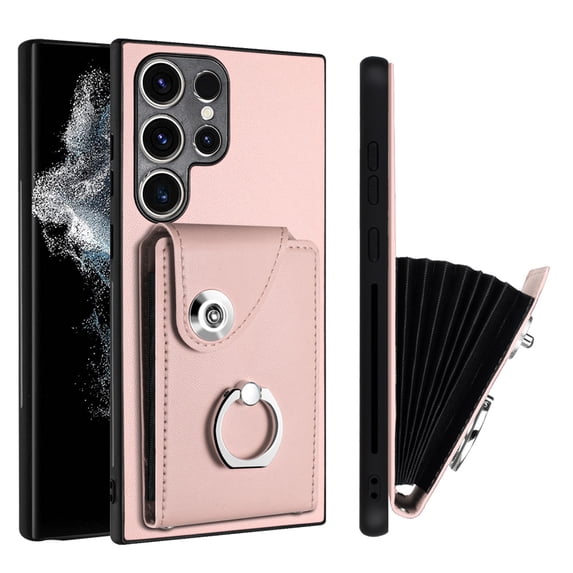Compatible for Samsung Galaxy S22 Ultra Case with Card Holder, for Galaxy S22 Ultra Wallet Case for Women Men with Rotation Finger Ring Stand, Accordion Style PU Leather Shockproof Case, Pink