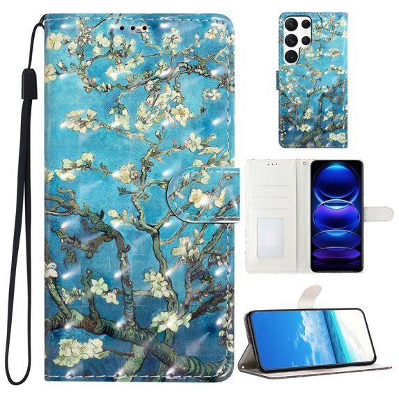Compatible with Samsung Galaxy S22 Ultra Case, Colored Drawing Wallet Women Girls PU Leather Case with Card Slots/Cash Pocket Wrist Strap Magnetic Flip Stand Book Kickstand Cover, Blue Apricot Flower