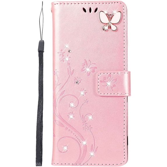 Compatible with Samsung Galaxy S22 Ultra Case Glitter with Card Holder Flip Wallet Phone Case for Women Crystal Butterfly Shockproof Protective Case for Samsung Galaxy S22 Ultra,Rose Gold GY