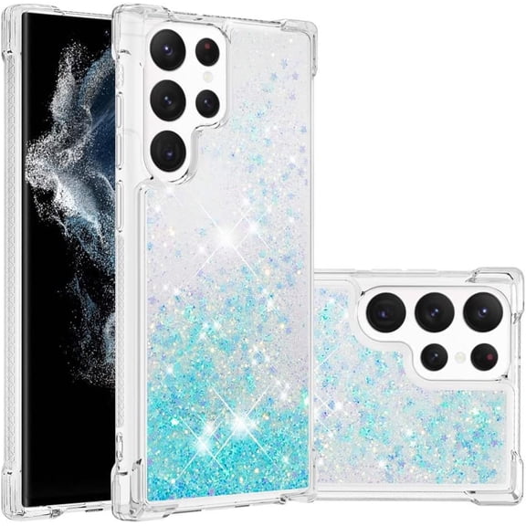 Compatible with Samsung Galaxy S22 Ultra Case Glitter Liquid Cute Clear Phone Case Floating Quicksand Shockproof Protective Bumper Silicone Soft TPU Case for Galaxy S22 Ultra Star Blue YB