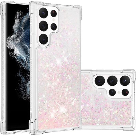 Compatible with Samsung Galaxy S22 Ultra Case Glitter Liquid Cute Clear Phone Case Floating Quicksand Shockproof Protective Bumper Silicone Soft TPU Case for Galaxy S22 Ultra Star Pink YB