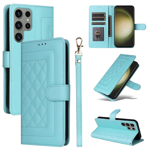 Compatible with Samsung Galaxy S22 Ultra Case, Premium Leather Wallet Book Case Magnetic Flip RFID Blocking Credit Card Holder Kickstand with Wrist Strap Shock Absorbing Case, Mint