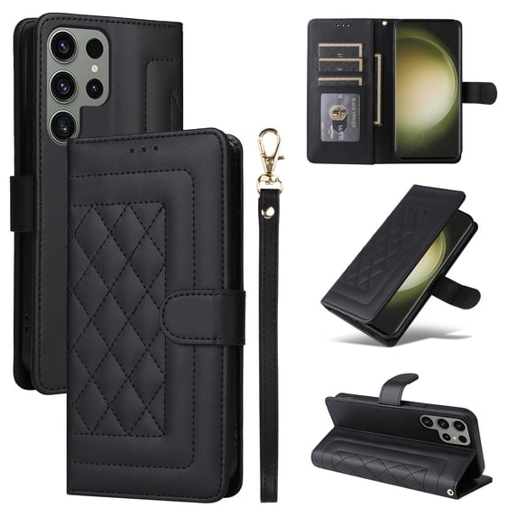 Compatible with Samsung Galaxy S22 Ultra Case, Premium Leather Wallet Book Case Magnetic Flip RFID Blocking Credit Card Holder Kickstand with Wrist Strap Shock Absorbing Case, Black