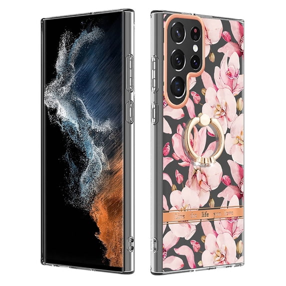 Compatible for Samsung Galaxy S22 Ultra Case with Ring Kickstand Holder Clear Floral Pattern Hybrid PC TPU Shockproof Protective Phone Case Cover for Samsung Galaxy S22 Ultra Women Girls, Pink Flower