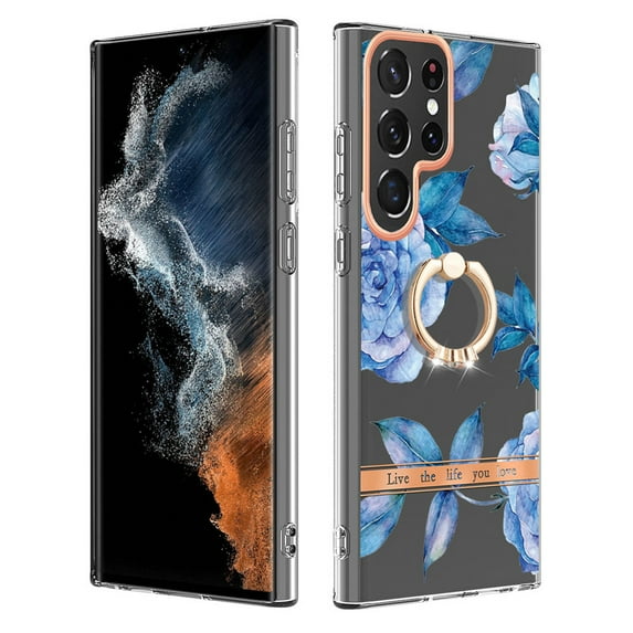Compatible for Samsung Galaxy S22 Ultra Case with Ring Kickstand Holder Clear Floral Pattern Hybrid PC TPU Shockproof Protective Phone Case Cover for Samsung Galaxy S22 Ultra Women Girls, Blue Flower