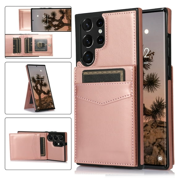 Compatible with Samsung Galaxy S22 Ultra Case Wallet with Credit Card Holder, Premium PU Leather Magnetic Clasp Kickstand Heavy Duty Protective Shock Absorbing Phone Cover for S22 Ultra, Rosegold