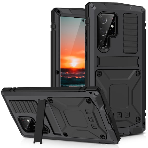 Compatible with Samsung Galaxy S22 Ultra Metal Case, with Screen Protector Camera Lens Protector Military Rugged Heavy Duty Shockproof Case with Metal Kickstand Full Body Tough Dustproof Case, Black