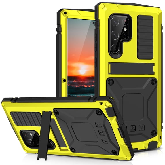 Compatible with Samsung Galaxy S22 Ultra Metal Case, with Screen Protector Camera Lens Protector Military Rugged Heavy Duty Shockproof Case with Metal Kickstand Full Body Tough Dustproof Case, Yellow