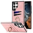 thumbnail image 1 of Compatible With Samsung Galaxy S22 Ultra Phone Case 360° Rotate Ring Holder[Hidden Kickstand] 2 Card Slots Shockproof Anti-Fingerprint Synthetic Leather Phone Case for Women or Men,Pink, 1 of 8