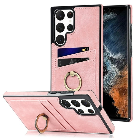 Compatible With Samsung Galaxy S22 Ultra Phone Case 360° Rotate Ring Holder[Hidden Kickstand] 2 Card Slots Shockproof Anti-Fingerprint Synthetic Leather Phone Case for Women or Men,Pink