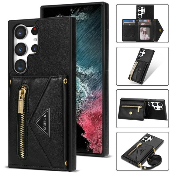 Compatible With Samsung Galaxy S22 Ultra Phone Case Zipper Card Pocket Design Crossbody Lanyard PU Leather Shockproof Anti-Fingerprint Kickstand Lightweight Phone Cover,Black