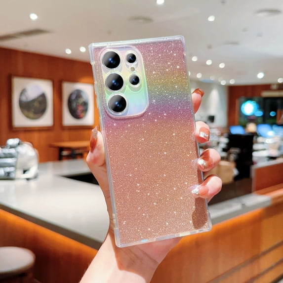 Compatible for Samsung Galaxy S22 Ultra Protective Glitter Case, Shiny Bling Paper Clear Phone Case, Slim Lightweight Shockproof with Shimmering Gradient Shell Cover for Galaxy S22 Ultra, Pink
