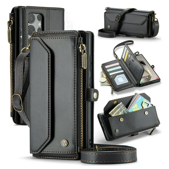 Compatible with Samsung Galaxy S22 Ultra Rugged PU Leather Wallet Case, Card Slots Zipper Pocket Lanyard Crossbody Strap Kickstand RFID Blocking Full Body Protection Cover for S22 Ultra, Black