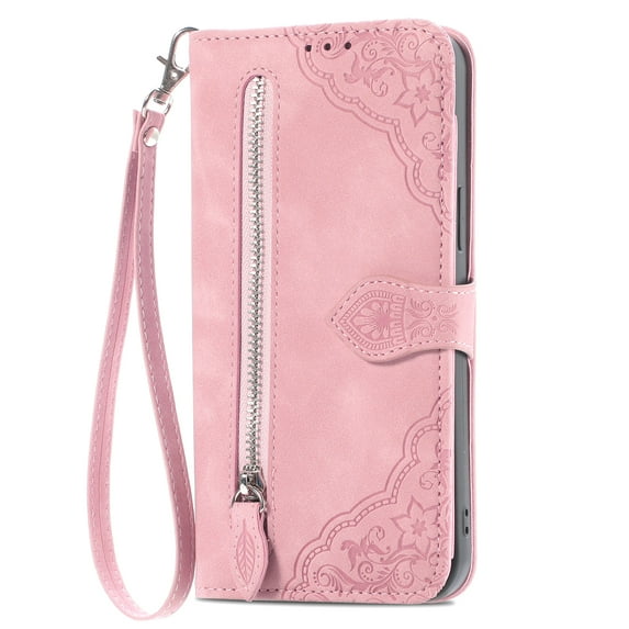 Compatible For Samsung Galaxy S22 Ultra Shockproof Zipper Card Flip Wallet Stand Case with Wrist Strap,Luxury Flower Pattern Embossed PU Leather Cover.For Samsung Galaxy S22 Ultra,Pink