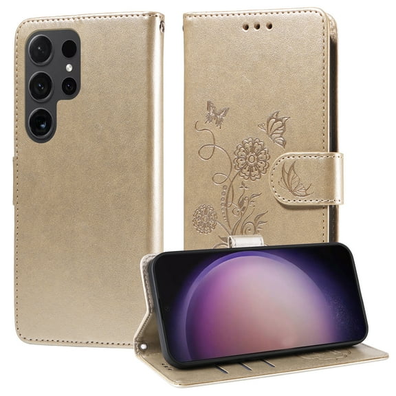 Compatible with Samsung Galaxy S22 Ultra Wallet Case with Card Holder & Cash Slot [RFID Blocking],Wallet Wristlet Pressed Butterfly Flower PU Leather Magnetic Flip Folio Cover for Women Men,Gold