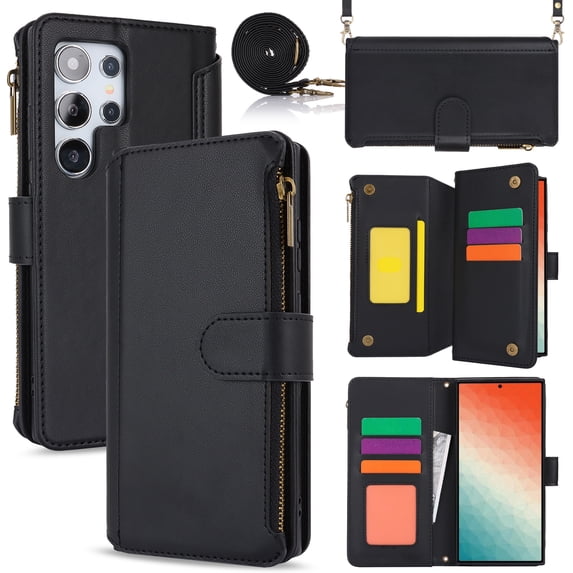Compatible With Samsung Galaxy S22 Ultra Wallet Case with Card Holder Kickstand Double Magnetic Clasp Zipper Pocket Lanyard Strap Wristlet, Leather Flip Case Women Men Wallet Cover,Black
