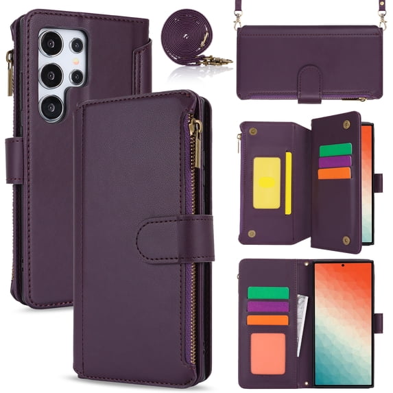 Compatible With Samsung Galaxy S22 Ultra Wallet Case with Card Holder Kickstand Double Magnetic Clasp Zipper Pocket Lanyard Strap Wristlet, Leather Flip Case Women Men Wallet Cover,Purple