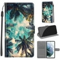 thumbnail image 1 of Compatible with Samsung Galaxy S22 Ultra Wallet Case for Men Women, Premium PU Leather Flip Cover with Card Holder, Wrist Strap, Kickstand Shockproof Magnetic Clasp Case, Coconut Tree, 1 of 7