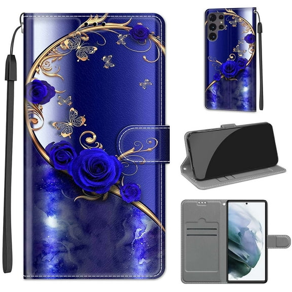 Compatible with Samsung Galaxy S22 Ultra Wallet Case for Men Women, Premium PU Leather Flip Cover with Card Holder, Wrist Strap, Kickstand Shockproof Magnetic Clasp Case, Blue Rose + Golden Butterfly