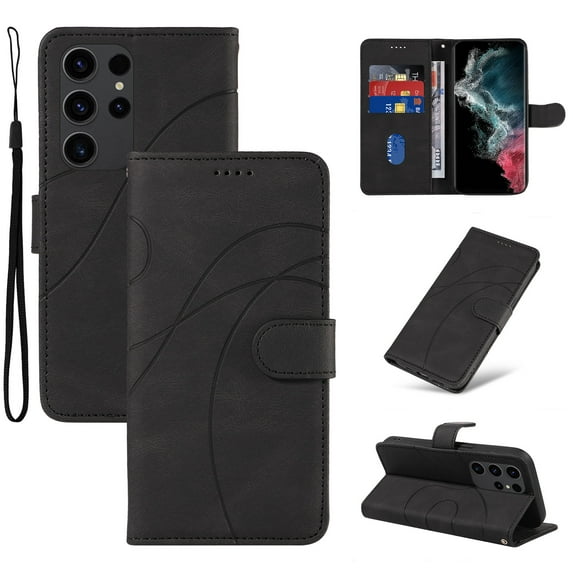 Compatible with Samsung Galaxy S22 Ultra Wallet Case, Protective Vintage Premium PU Leather Flip with Card Holders Kickstand & Wrist Strap Folio Case Cover for Men Women for Galaxy S22 Ultra, Black