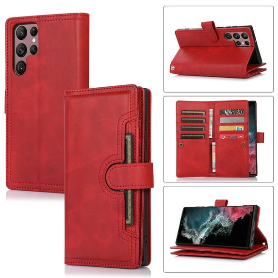 Compatible with Samsung Galaxy S22 Ultra Wallet Case,RFID Blocking PU Leather Folio Magnetic Closure Protective Cover with Wrist Strap Outer Slide Credit Card Holder Kickstand Men Women,Red