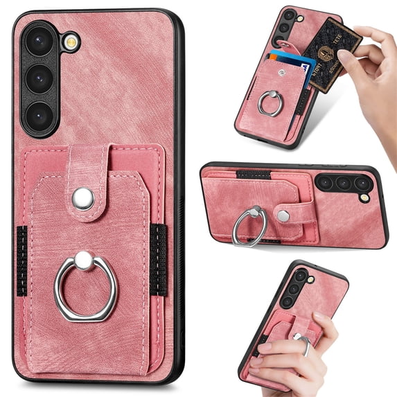 Compatible with Samsung Galaxy S22 Wallet Case with Card Holder, Premium PU Leather 360° Rotation Ring Holder Kickstand Shockproof Phone Case Cover for Samsung Galaxy S22, Pink