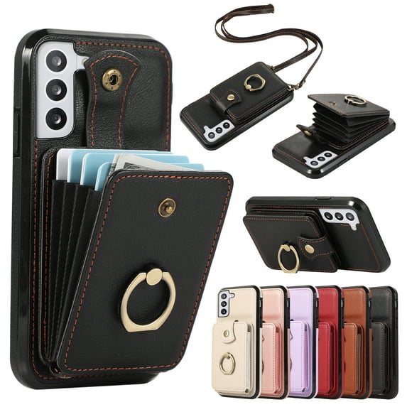 Compatible with Samsung Galaxy S22 Wallet Case, PU Leather Case with Card Holder, 360° Rotation Ring Kickstand, Shoulder Strap, Magnetic Snap Protective Case Designed for S22, Black