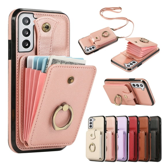 Compatible with Samsung Galaxy S22 Wallet Case, PU Leather Case with Card Holder, 360° Rotation Ring Kickstand, Shoulder Strap, Magnetic Snap Protective Case Designed for S22, Rosegold
