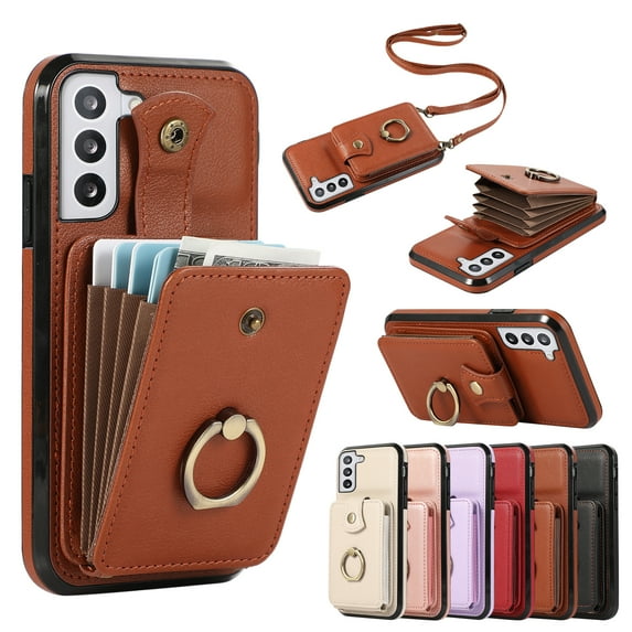Compatible with Samsung Galaxy S22 Wallet Case, PU Leather Case with Card Holder, 360° Rotation Ring Kickstand, Shoulder Strap, Magnetic Snap Protective Case Designed for S22, Brown