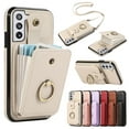 thumbnail image 1 of Compatible with Samsung Galaxy S22 Wallet Case, PU Leather Case with Card Holder, 360° Rotation Ring Kickstand, Shoulder Strap, Magnetic Snap Protective Case Designed for S22, Beige, 1 of 7