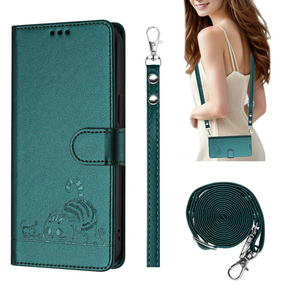 Compatible with Samsung Galaxy S22 Wrist Strap, Crossbody Strap, Lovely Cat Embossed PU Leather Flip Card Holder Stand Phone Cover for S22 Case Women Girls with RFID Blocking - Darkgreen