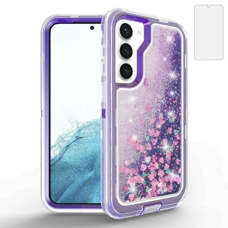 Compatible with Samsung Galaxy S23 5G 6.1 inch Phone Case Tempered Glass Screen Protector Bling Liquid Glitter Clear Hybrid Shockproof TPU Military Grade Protective Heavy Duty Cell Cover Women Purple