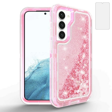 Compatible with Samsung Galaxy S23 5G 6.1 inch Phone Case Tempered Glass Screen Protector Bling Liquid Glitter Clear Hybrid Shockproof TPU Military Grade Protective Heavy Duty Cell Cover Women Pink