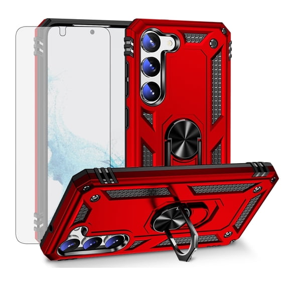 Compatible with Samsung Galaxy S23 5G Phone Case Tempered Glass Screen Protector Slim Magnetic Ring Holder Stand Hybrid Protective Cell Cover for S 23 23S GS23 G5 SM-S911U 6.1 inch Women Men Red
