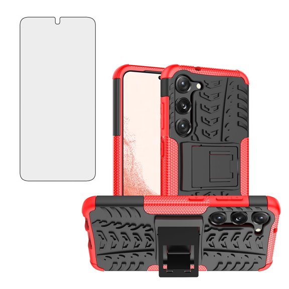 Compatible with Samsung Galaxy S23 5G Phone Case Tempered Glass Screen Protector Slim Stand Hybrid Heavy Duty Rugged Protective Cell Cover for S 23 23S GS23 G5 SM-S911U 6.1 inch Women Men Red