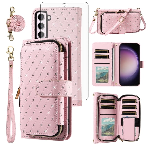 Compatible with Samsung Galaxy S23 5G Wallet Phone Case Tempered Glass Screen Protector Bling Glitter Crossbody Lanyard Strap Flip Zipper Purse Card Holder Cell Cover for S 23 23S GS23 6.1 Women Pink