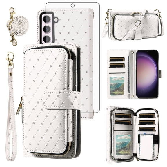 Compatible with Samsung Galaxy S23 5G Wallet Phone Case Tempered Glass Screen Protector Bling Glitter Crossbody Lanyard Strap Flip Zipper Purse Card Holder Cell Cover for S 23 23S G23 6.1 Women White