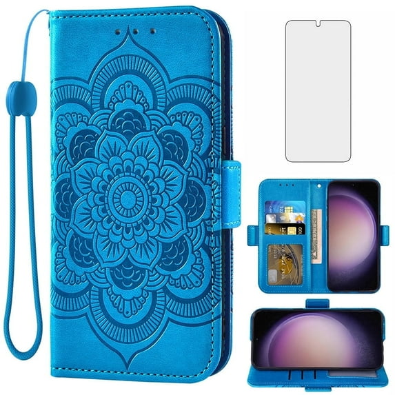 Compatible with Samsung Galaxy S23 5G Wallet Phone Case and Tempered Glass Screen Protector Flip Credit Card Holder Stand Mandala Flower Cell Cover for S 23 23S GS23 G5 SM-S911U 6.1 inch Blue