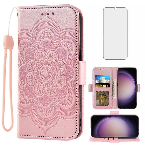 Compatible with Samsung Galaxy S23 5G Wallet Phone Case and Tempered Glass Screen Protector Flip Credit Card Holder Stand Mandala Flower Cell Cover for S 23 23S GS23 G5 SM-S911U 6.1 inch Pink