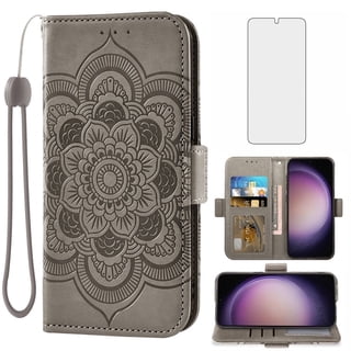Compatible with Samsung Galaxy S23 5G Wallet Phone Case and Tempered Glass Screen Protector Flip Credit Card Holder Stand Mandala Flower Cell Cover for S 23 23S GS23 G5 SM-S911U 6.1 inch Gray